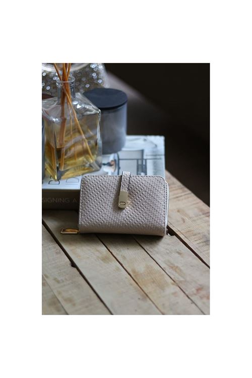 Kadın Krem Dokulu Kartlık Detaylı Küçük Boy Cüzdan