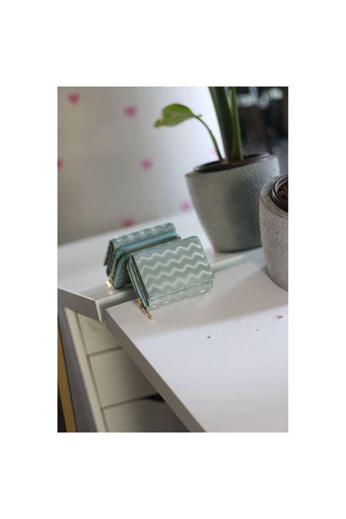 Mint Yeşili Dalga Desenli Fermuar Ve Kartlık Detaylı Mini Cüzdan