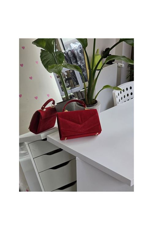 Kadın Kırmızı Süet Zarf Tutma Saplı Omuz Çantası
