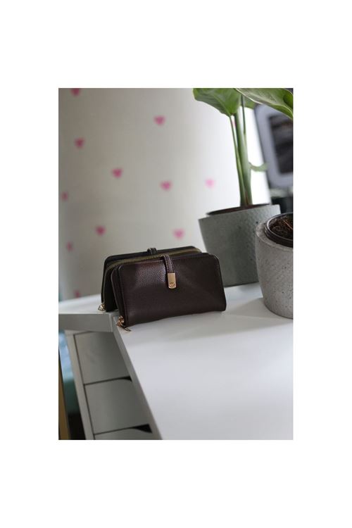 Kadın Acı Kahve Gold Aksesuar Düğme Detaylı Cüzdan