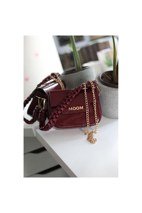 Kadın Bordo Rugan Örme Sap Detaylı Zincirli Omuz Çantası
