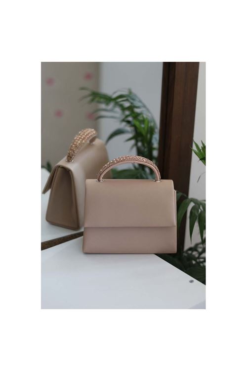 Kadın Nude Taş Tutma Detaylı Abiye Omuz Çantası