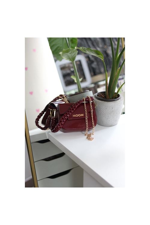 Kadın Bordo Rugan Örme Sap Detaylı Zincirli Omuz Çantası