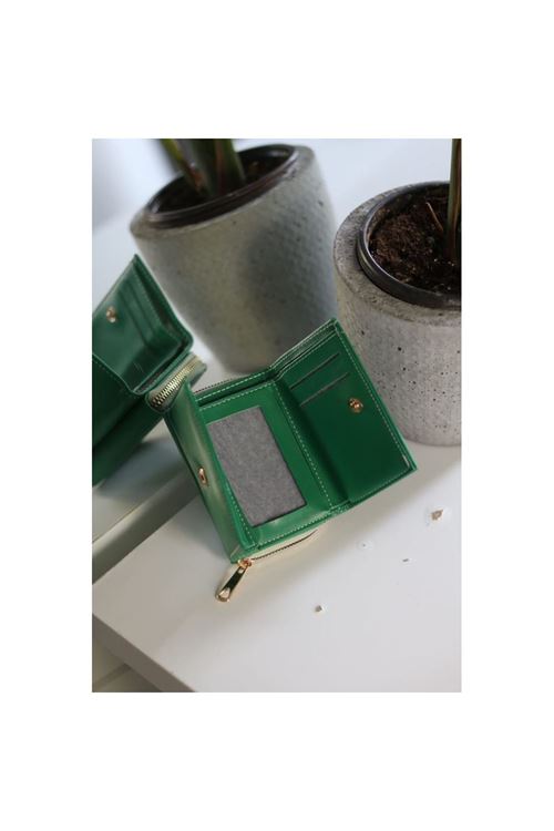 Koyu Yeşil Fermuar ve Kartlık Detaylı Mini Cüzdan
