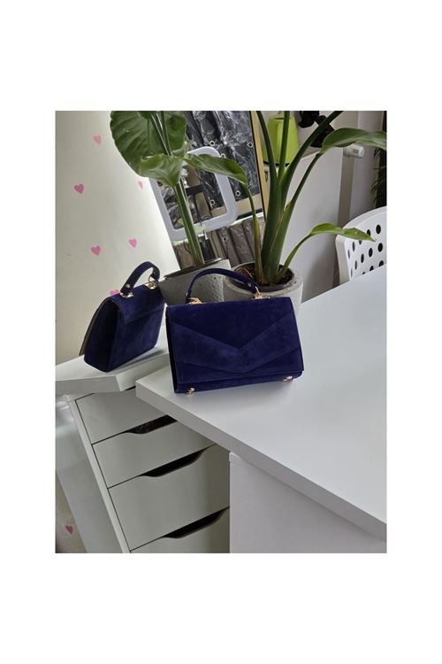 Kadın Mavi Süet Zarf Tutma Saplı Omuz Çantası