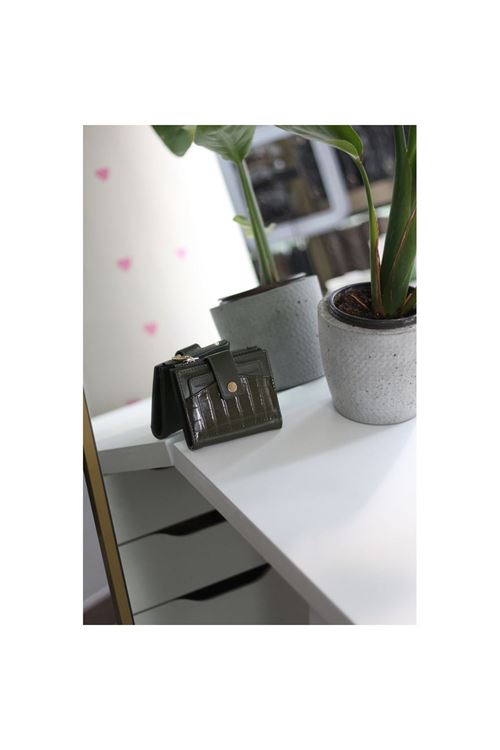 Kadın Haki Kroko Desenli Kartlık Detaylı Kare Cüzdan