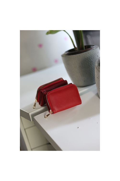 Kırmızı Fermuar ve Kartlık Detaylı Mini Cüzdan