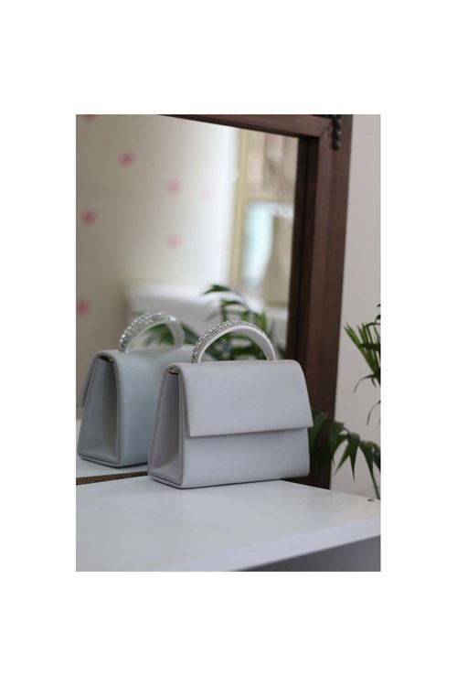 Kadın Gri Taş Tutma Detaylı Abiye Omuz Çantası