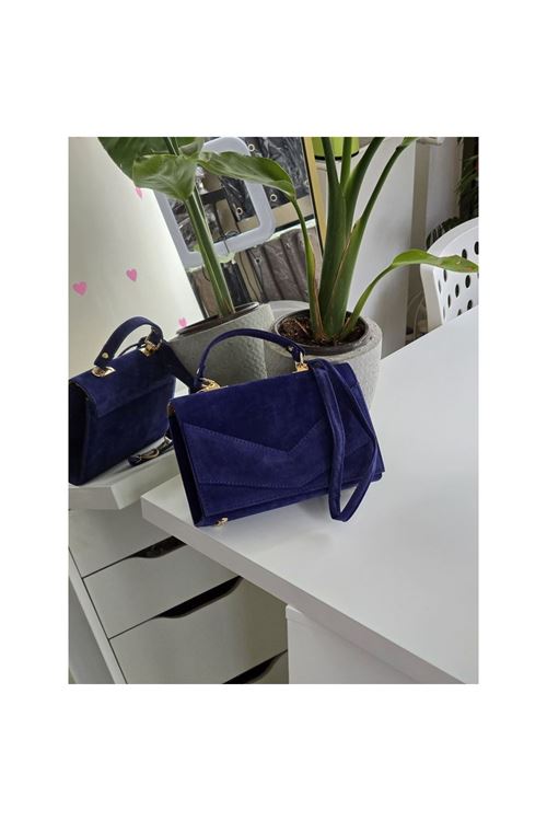 Kadın Mavi Süet Zarf Tutma Saplı Omuz Çantası