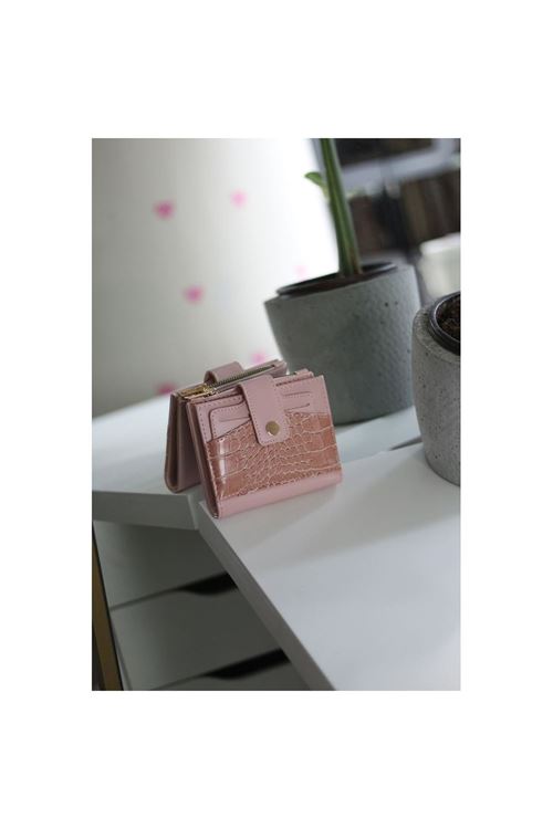 Kadın Pudra Kroko Desenli Kartlık Detaylı Kare Cüzdan