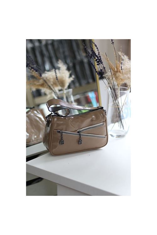 Kadın Vizon Rugan Çapraz Fermuarlı Omuz Çantası