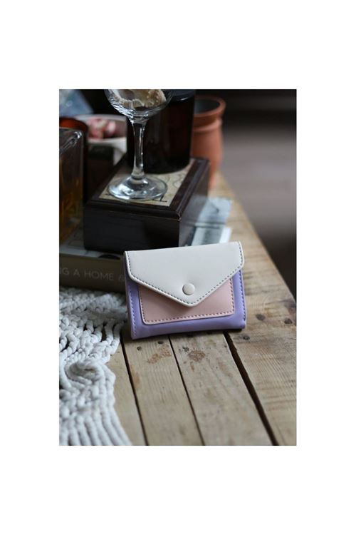 Lila Pudra Çift Renk Düğme Detaylı Mini Cüzdan
