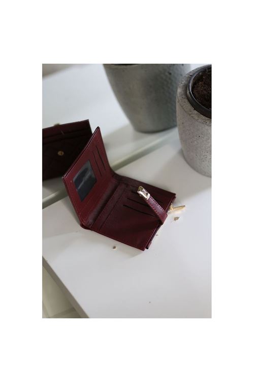 Kadın Bordo Kare Baklava Desenli Mini Kartlık Cüzdan