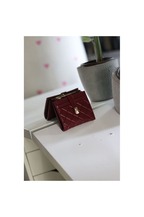 Kadın Bordo Kare Baklava Desenli Mini Kartlık Cüzdan