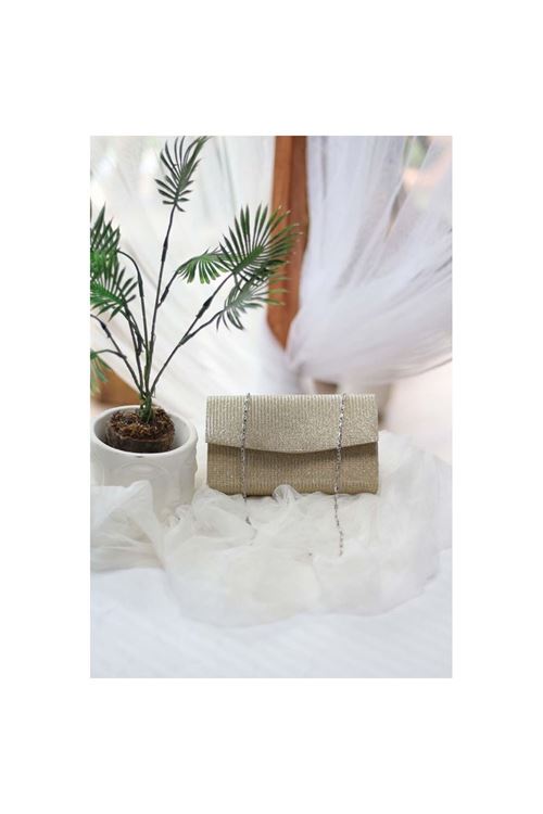 Kadın Simli Gold Mini Kutu Omuz Çantası