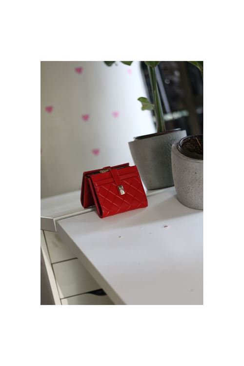 Kadın Kırmızı Kare Baklava Desenli Mini Kartlık Cüzdan