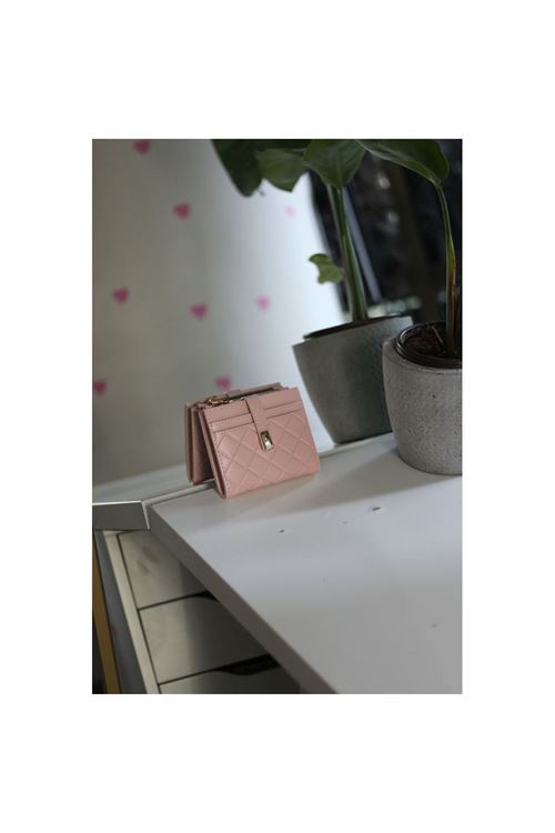 Kadın Pudra Pembe Kare Baklava Desenli Mini Kartlık Cüzdan