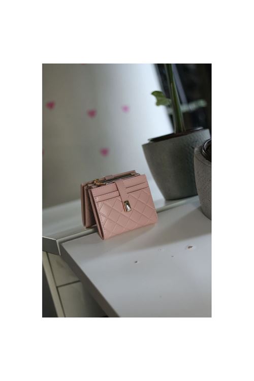 Kadın Pudra Pembe Kare Baklava Desenli Mini Kartlık Cüzdan