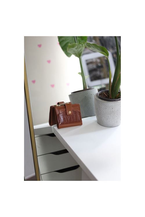 Kadın Taba Kroko Desenli Kartlık Detaylı Kare Cüzdan