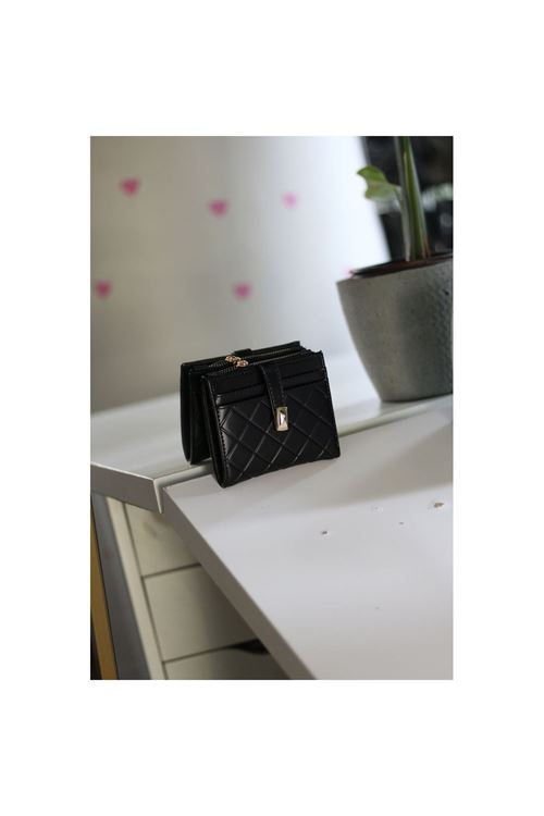 Kadın Siyah Kare Baklava Desenli Mini Kartlık Cüzdan