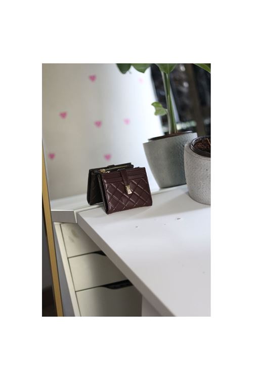 Kadın Acı Kahve Kare Baklava Desenli Mini Kartlık Cüzdan