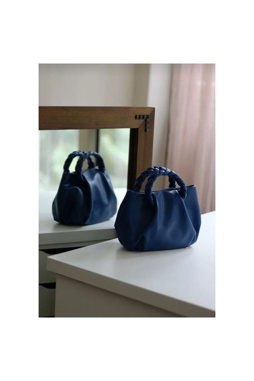 Kadın Koyu Mavi Örme Saplı Yumuşak Deri Omuz Çantası