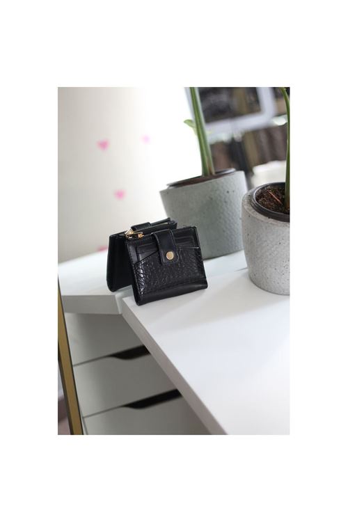 Kadın Siyah Kroko Desenli Kartlık Detaylı Kare Cüzdan