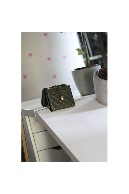 Kadın Haki Yeşil Kare Baklava Desenli Mini Kartlık Cüzdan