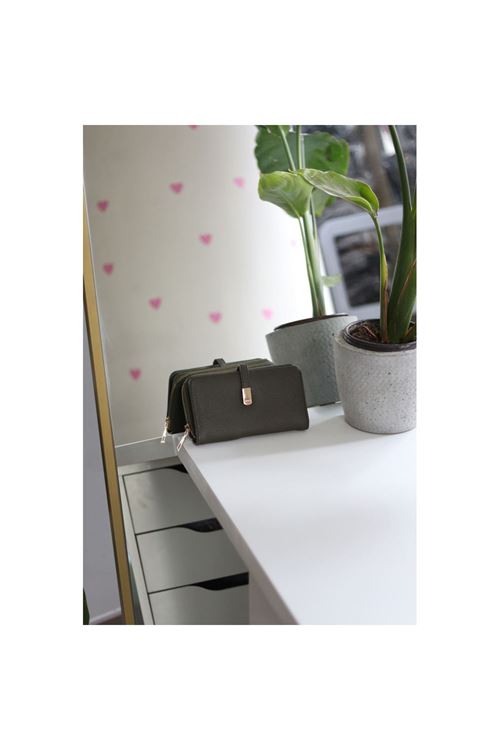 Kadın Haki Yeşil Gold Aksesuar Düğme Detaylı Cüzdan