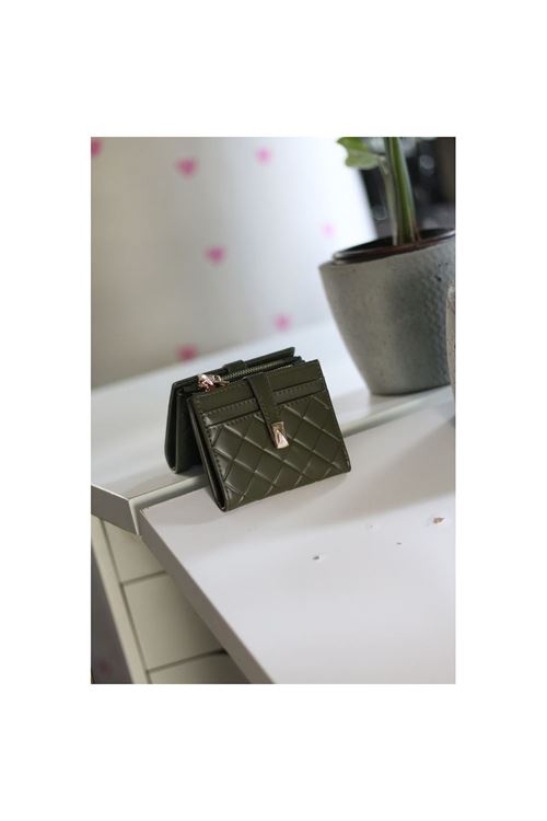 Kadın Haki Yeşil Kare Baklava Desenli Mini Kartlık Cüzdan