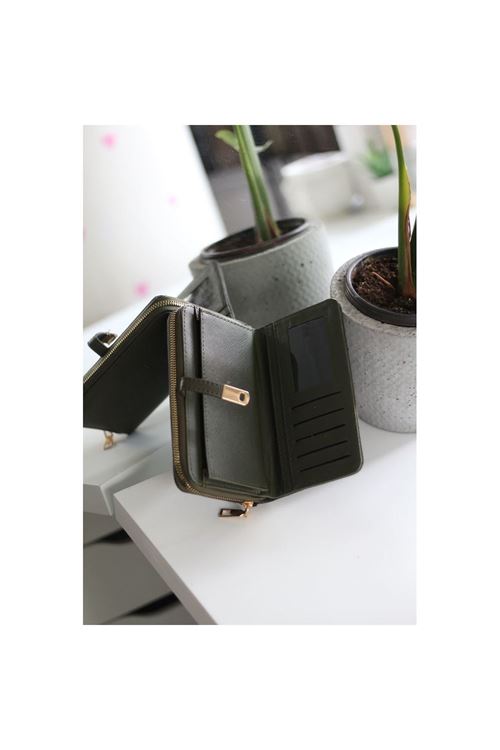 Kadın Haki Yeşil Gold Aksesuar Düğme Detaylı Cüzdan