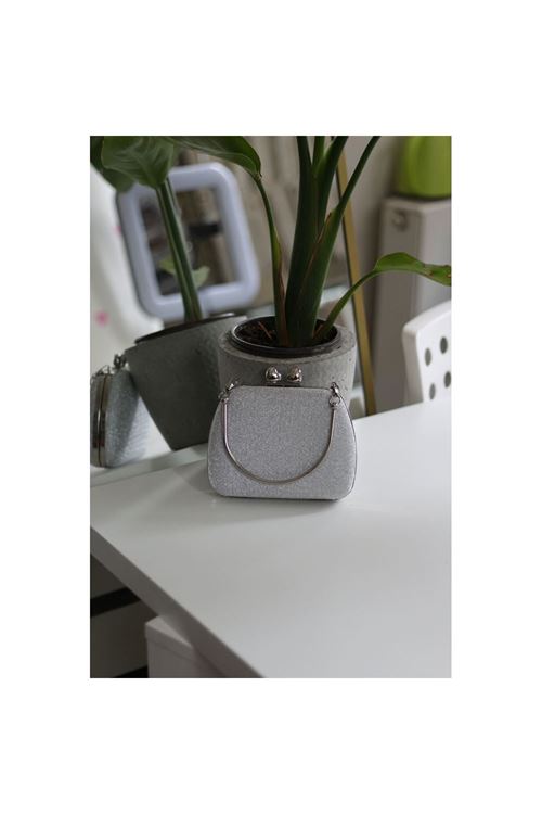 Kadın Silver Simli Metal Tutma Kulplu Kalp Klips Abiye El Çantası