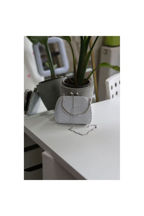Kadın Silver Simli Metal Tutma Kulplu Kalp Klips Abiye El Çantası