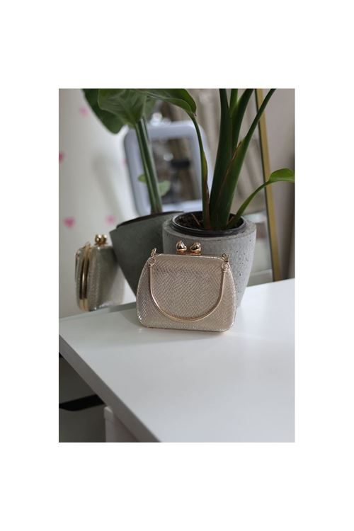 Kadın Gold Desenli Metal Tutma Kulplu Kalp Klips Abiye El Çantası