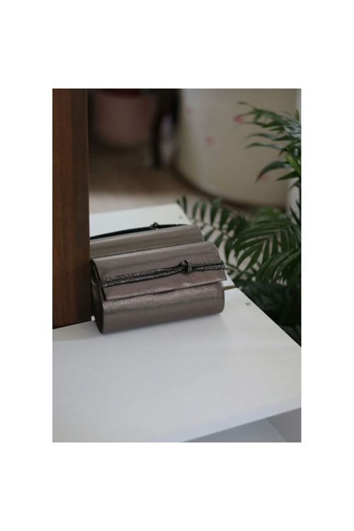 Kadın Bronz Taş Detaylı Abiye Zincirli Çanta