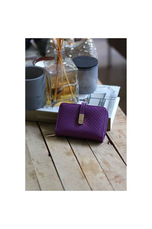 Kadın Mor Dokulu Kartlık Detaylı Küçük Boy Cüzdan