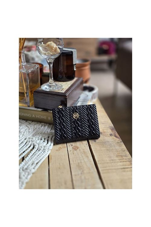 Siyah Dokuma Desen Kare Kartlık Detaylı Cüzdan