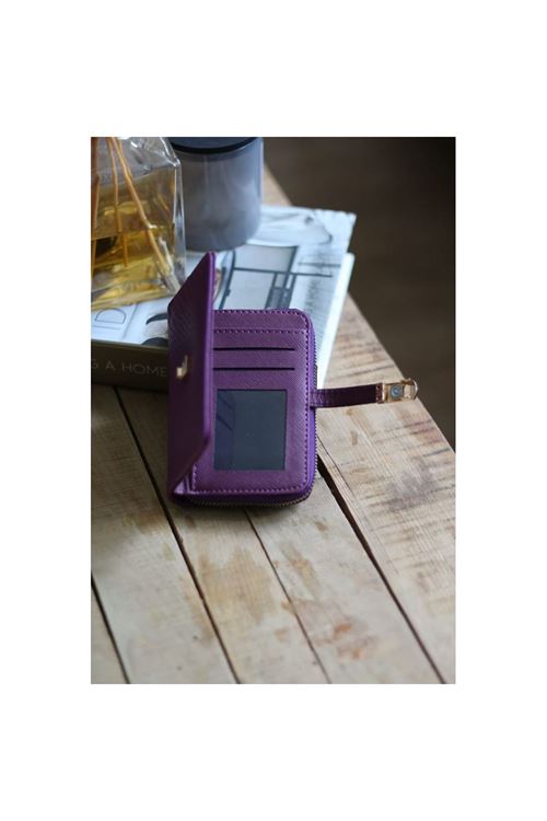 Kadın Mor Dokulu Kartlık Detaylı Küçük Boy Cüzdan