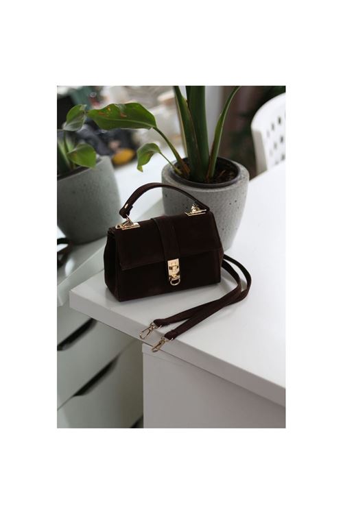 Kadın Süet Acı Kahve Toka Detaylı Zincirli El Omuz Çantası