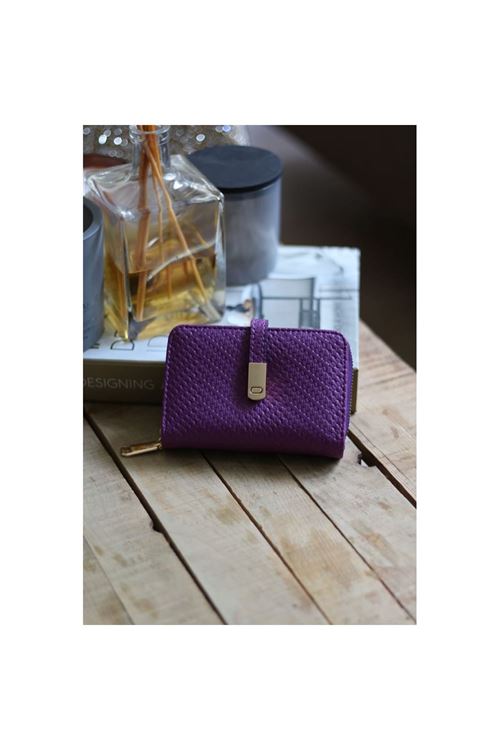 Kadın Mor Dokulu Kartlık Detaylı Küçük Boy Cüzdan