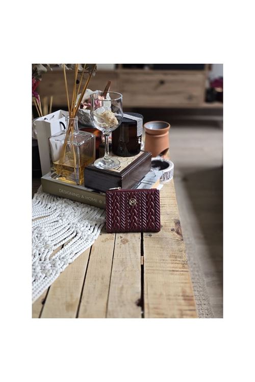 Bordo Dokuma Desen Kare Kartlık Detaylı Cüzdan