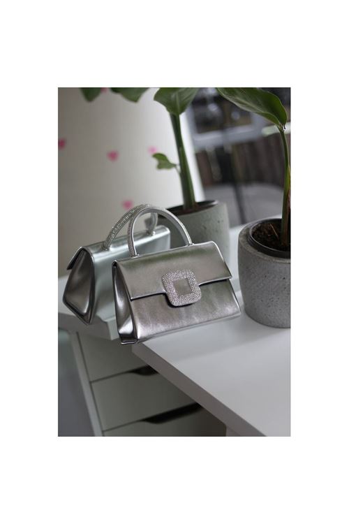 Silver Kare Taş Toka Detaylı Tutmalı Abiye El Omuz Çantası