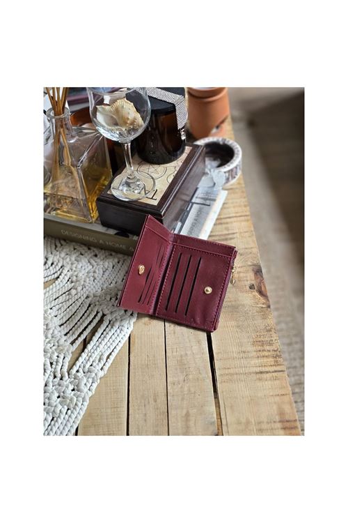 Bordo Dokuma Desen Kare Kartlık Detaylı Cüzdan