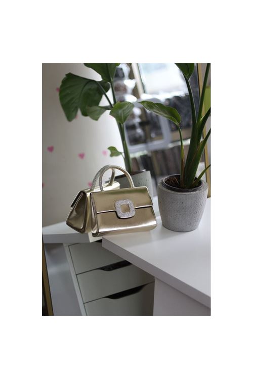 Gold Kare Taş Toka Detaylı Tutmalı Abiye El Omuz Çantası