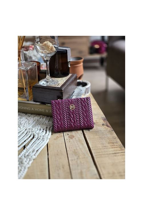 Mor Dokuma Desen Kare Kartlık Detaylı Cüzdan