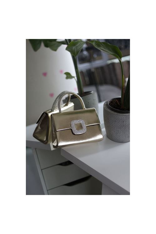 Gold Kare Taş Toka Detaylı Tutmalı Abiye El Omuz Çantası