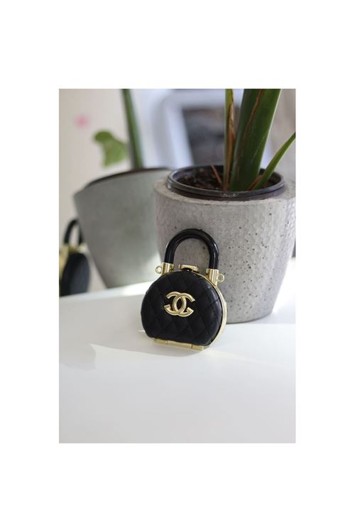 Gold Aksesuar Siyah Kapitone Mini Charm Aynalı Çanta Aksesuarı