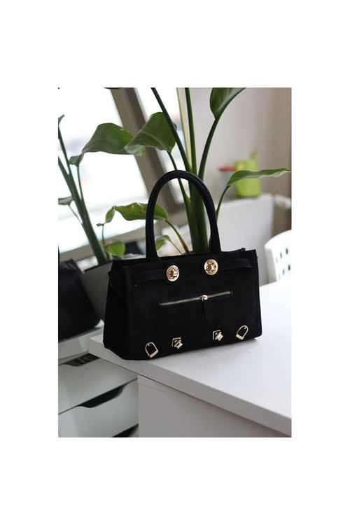 Kadın Siyah Süet Gold Aksesuar Fermuar Detaylı Omuz Çantası