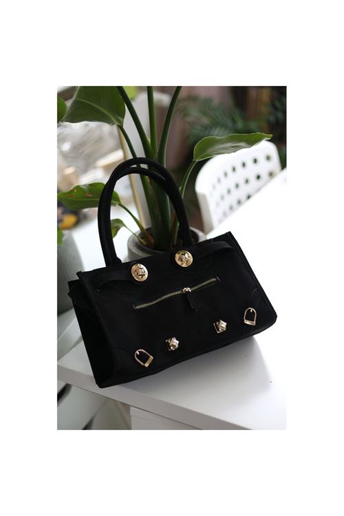 Kadın Siyah Süet Gold Aksesuar Fermuar Detaylı Omuz Çantası