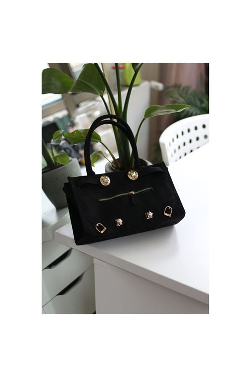 Kadın Siyah Süet Gold Aksesuar Fermuar Detaylı Omuz Çantası